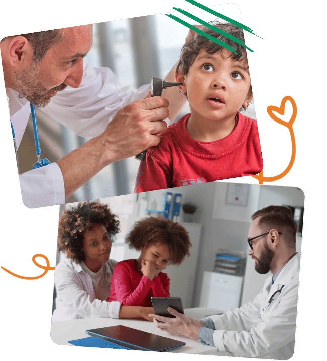 Doctor examining a child's ear and meeting with another child and caregiver during a pediatric visit.