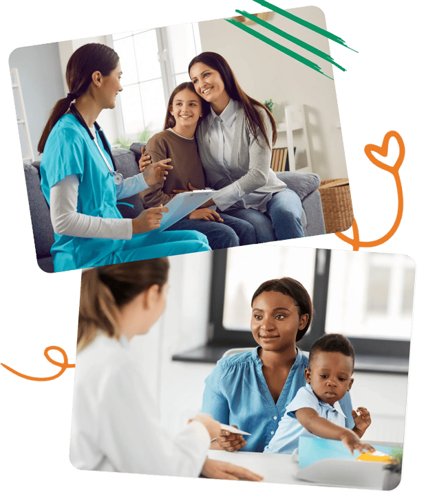 Two images show parents and children meeting with pediatric providers during office visits.
